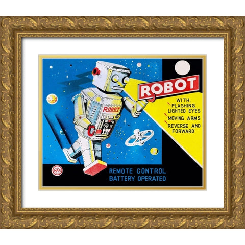 Robot with Flashing Lighted Eyes Gold Ornate Wood Framed Art Print with Double Matting by Retrobot