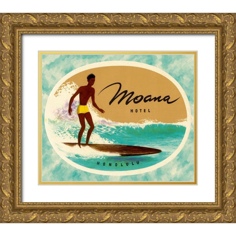 Moana Hotel Luggage Label Gold Ornate Wood Framed Art Print with Double Matting by Retrotravel