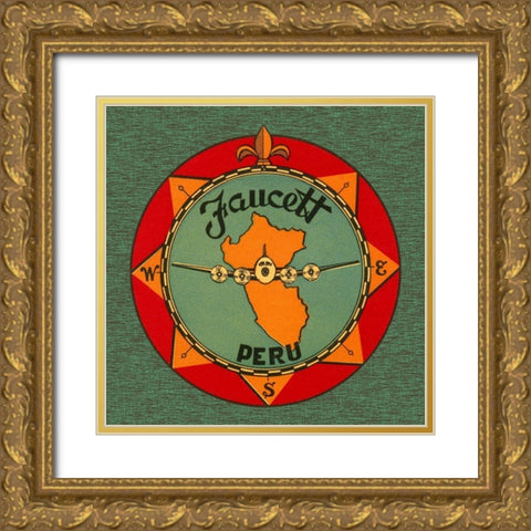 Faucett Aviation Airline Luggage Label Gold Ornate Wood Framed Art Print with Double Matting by Retrotravel