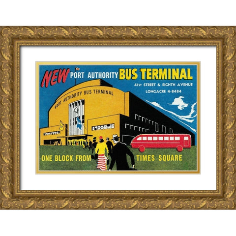 New Port Authority Bus Terminal Gold Ornate Wood Framed Art Print with Double Matting by Retrotravel
