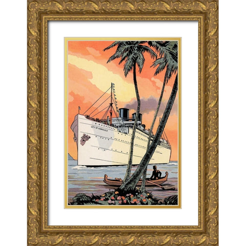 City of Honolulu Gold Ornate Wood Framed Art Print with Double Matting by Retrotravel
