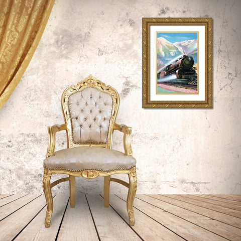 Steaming Full Speed Ahead Gold Ornate Wood Framed Art Print with Double Matting by Retrotravel