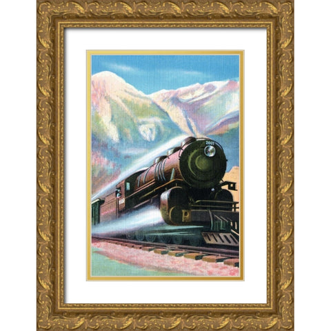 Steaming Full Speed Ahead Gold Ornate Wood Framed Art Print with Double Matting by Retrotravel