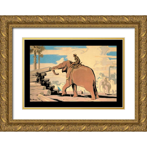 Moving Logs with Elephant Power Gold Ornate Wood Framed Art Print with Double Matting by Vintage Elephant