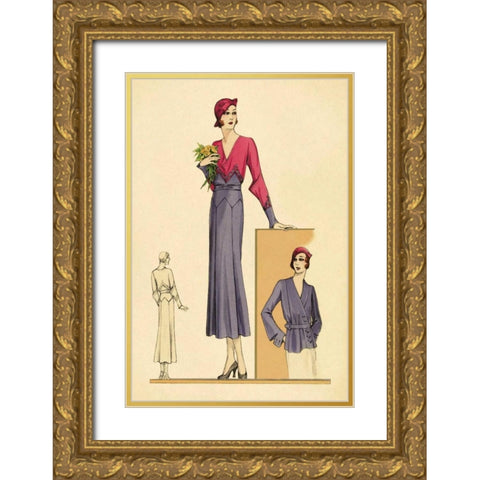 Sunday Dress in Periwinkle and Magenta Gold Ornate Wood Framed Art Print with Double Matting by Vintage Fashion