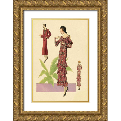 Party Dress with Ruffles and Flowers Gold Ornate Wood Framed Art Print with Double Matting by Vintage Fashion