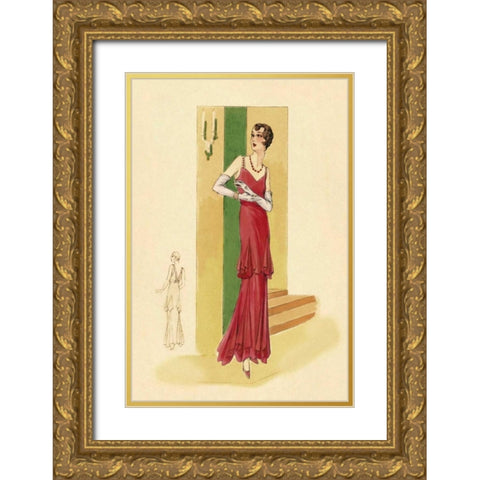 Scarlet Evening Gown Gold Ornate Wood Framed Art Print with Double Matting by Vintage Fashion
