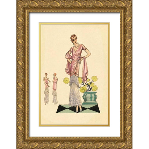 Party Dress in Pink and Blue Gold Ornate Wood Framed Art Print with Double Matting by Vintage Fashion