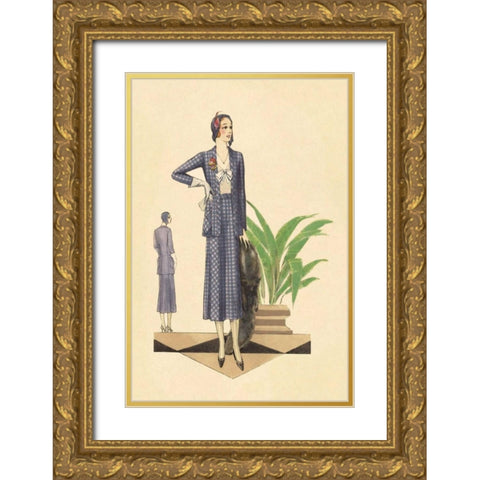 Blue Checkered Suit with Stole and Gloves Gold Ornate Wood Framed Art Print with Double Matting by Vintage Fashion