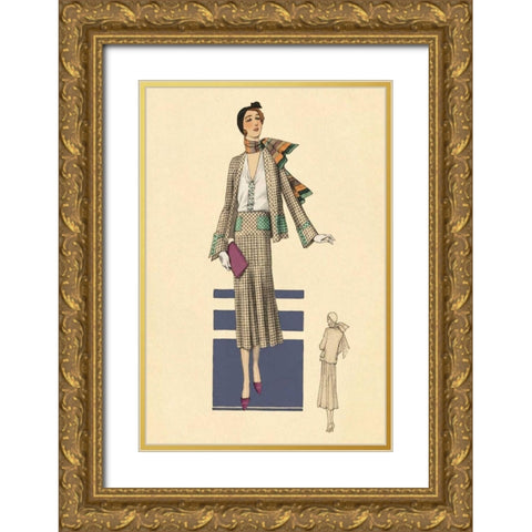 Stylish Daytime Suit and Scarf Gold Ornate Wood Framed Art Print with Double Matting by Vintage Fashion