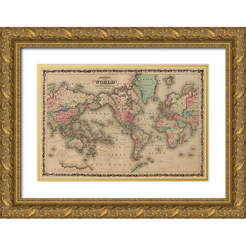 World Map Gold Ornate Wood Framed Art Print with Double Matting by Johnson, A.J.