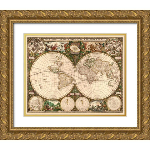 World Map Gold Ornate Wood Framed Art Print with Double Matting by De Wit, Frederick
