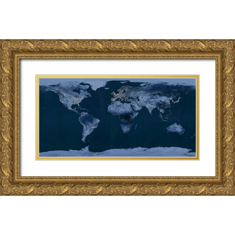 Satellite View of the World Showing Electric Lights and Usage Gold Ornate Wood Framed Art Print with Double Matting by Goddard Space Center