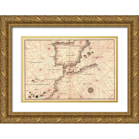 Portolan or Navigational Map of the Spain, Gibraltar and North Africa Gold Ornate Wood Framed Art Print with Double Matting by Agnese, Battista