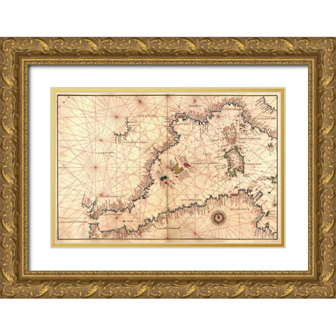 Portolan or Navigational Map of the Western Mediterranean from Gibraltar to Piedmont and Sardinia Gold Ornate Wood Framed Art Print with Double Matting by Agnese, Battista