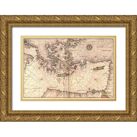 Portolan or Navigational Map of Greece, the Mediterranean and the Levant Gold Ornate Wood Framed Art Print with Double Matting by Agnese, Battista