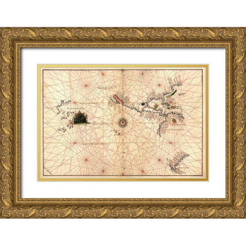 Portolan Map of the Western Hemisphere showing what will become the United States, Panama and a port Gold Ornate Wood Framed Art Print with Double Matting by Agnese, Battista