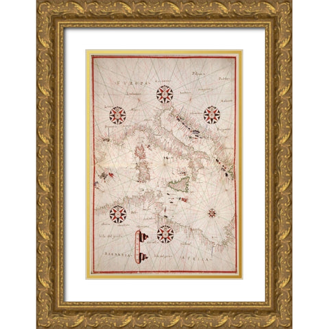 Portolan atlas of the Mediterranean Sea, western Europe, and the northwest coast of Africa - Central Gold Ornate Wood Framed Art Print with Double Matting by Oliva, Joan
