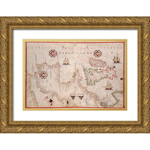 Portolan Map of Spain, England, Ireland and France Gold Ornate Wood Framed Art Print with Double Matting by Oliva, Joan