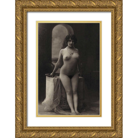 The Pearl Necklace Gold Ornate Wood Framed Art Print with Double Matting by Vintage Nudes
