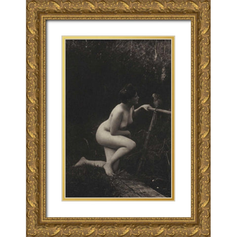 Gossiping with a Parrot Gold Ornate Wood Framed Art Print with Double Matting by Vintage Nudes