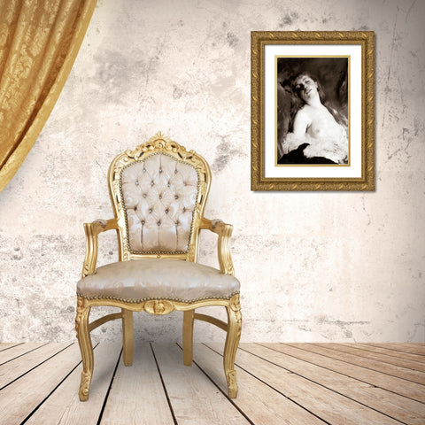 An Inviting Nude Gold Ornate Wood Framed Art Print with Double Matting by Vintage Nudes