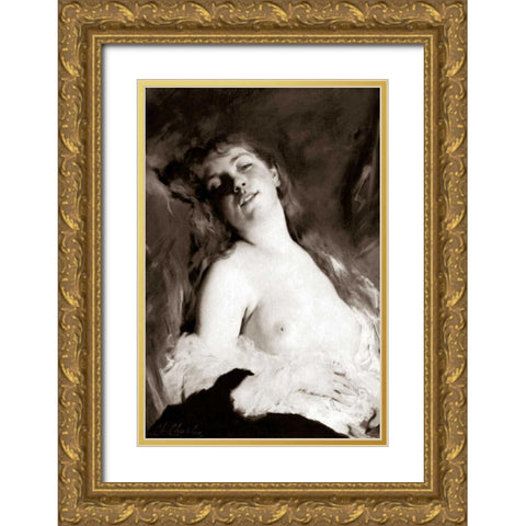 An Inviting Nude Gold Ornate Wood Framed Art Print with Double Matting by Vintage Nudes
