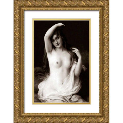 A Long-Haired Nude Gold Ornate Wood Framed Art Print with Double Matting by Vintage Nudes