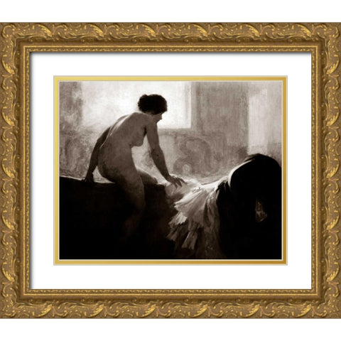 Into the Bath Gold Ornate Wood Framed Art Print with Double Matting by Vintage Nudes