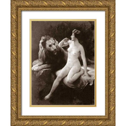 Nude with a Lion Gold Ornate Wood Framed Art Print with Double Matting by Vintage Nudes