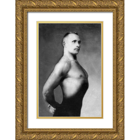 Right Profile of Bodybuilder from the Waist Up Gold Ornate Wood Framed Art Print with Double Matting by Vintage Muscle Men