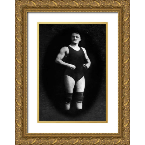 Bodybuilder in Wrestling Outfit and Knee Pads Gold Ornate Wood Framed Art Print with Double Matting by Vintage Muscle Men