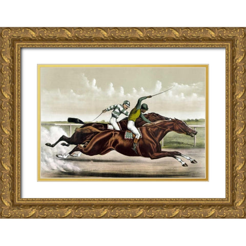 Great Horses in a Great Race Gold Ornate Wood Framed Art Print with Double Matting by Cameron, J.