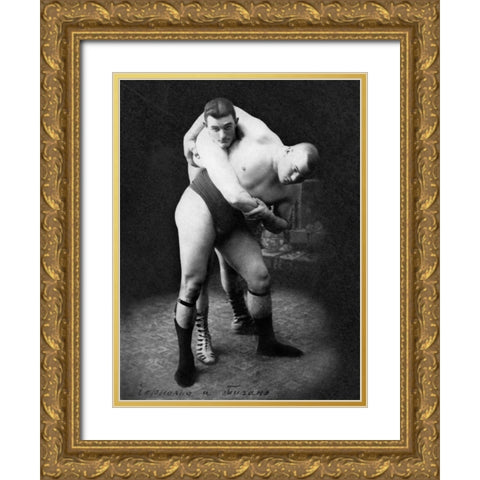 Hip Throw: Russian Wrestlers Gold Ornate Wood Framed Art Print with Double Matting by Vintage Wrestler