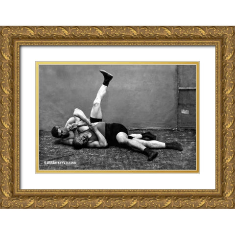 The Pin: Russian Wrestlers Gold Ornate Wood Framed Art Print with Double Matting by Vintage Wrestler