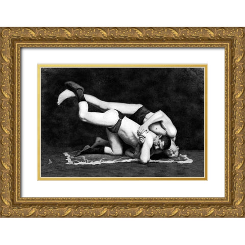 Post and Drop Gold Ornate Wood Framed Art Print with Double Matting by Vintage Wrestler