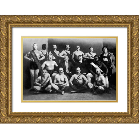 Team of Champion Russian Wrestlers Gold Ornate Wood Framed Art Print with Double Matting by Vintage Wrestler