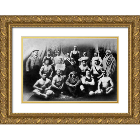 Group of Russian Wrestlers Gold Ornate Wood Framed Art Print with Double Matting by Vintage Wrestler