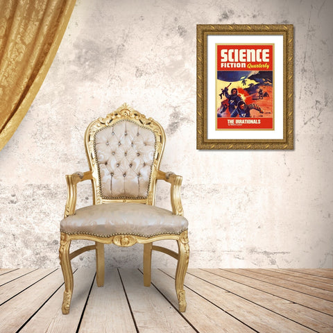 Science Fiction Quarterly: Astronaut Battle Gold Ornate Wood Framed Art Print with Double Matting by Retrosci-fi