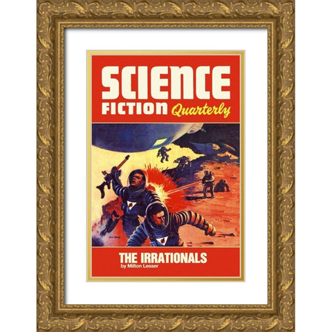 Science Fiction Quarterly: Astronaut Battle Gold Ornate Wood Framed Art Print with Double Matting by Retrosci-fi