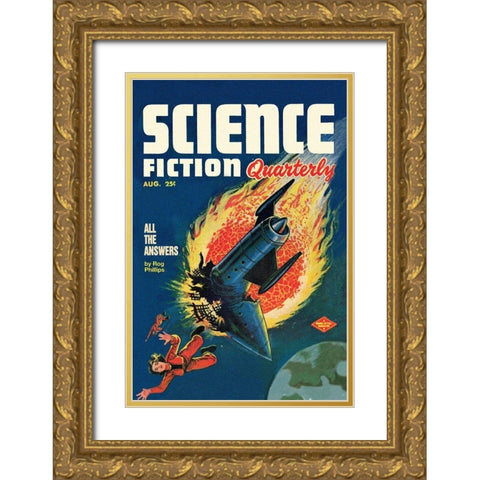 Science Fiction Quarterly: Comet Crashes into Rocket Gold Ornate Wood Framed Art Print with Double Matting by Retrosci-fi