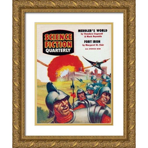 Science Fiction Quarterly: Spaceship Attack on Medieval Fortress Gold Ornate Wood Framed Art Print with Double Matting by Retrosci-fi
