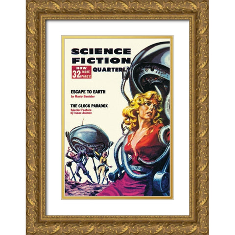 Science Fiction Quarterly: Robot Attack Gold Ornate Wood Framed Art Print with Double Matting by Retrosci-fi