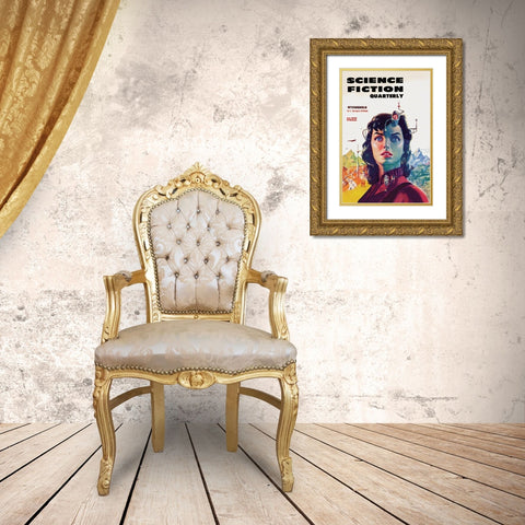 Science Fiction Quarterly: Woman with Forehead Transmitter Gold Ornate Wood Framed Art Print with Double Matting by Retrosci-fi