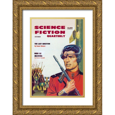 Science Fiction Quarterly: Astronaut Sizes up the Aliens Gold Ornate Wood Framed Art Print with Double Matting by Retrosci-fi