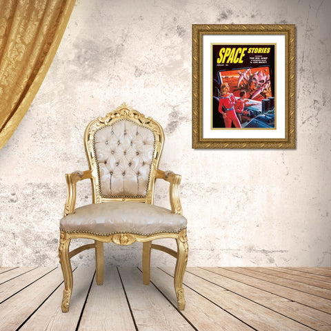 Space Stories: Space Monster Attack Gold Ornate Wood Framed Art Print with Double Matting by Retrosci-fi