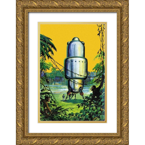 Spaceship in the Jungle Gold Ornate Wood Framed Art Print with Double Matting by Retrosci-fi