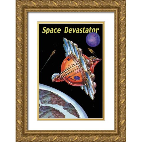 Space Devastator Gold Ornate Wood Framed Art Print with Double Matting by Retrosci-fi