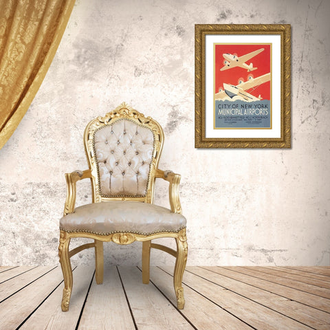 City of New York Municipal Airports (WPA) Gold Ornate Wood Framed Art Print with Double Matting by Herzog, Harry