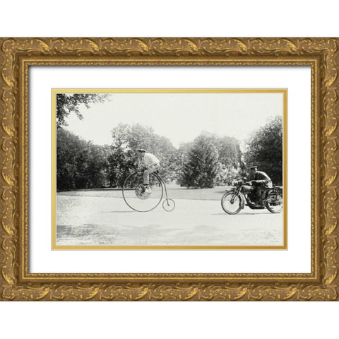 Motorcycle cop chases a Penny Farthing Velocipede Gold Ornate Wood Framed Art Print with Double Matting by Unknown
